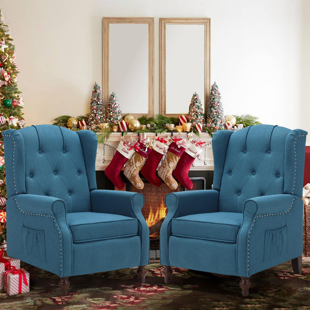 Wingback Recliner Chair - Tufted Arm Chair Recliner - Fabric Push Back Single Sofa for Living Room Adjustable Backrest (Blue Floral)
