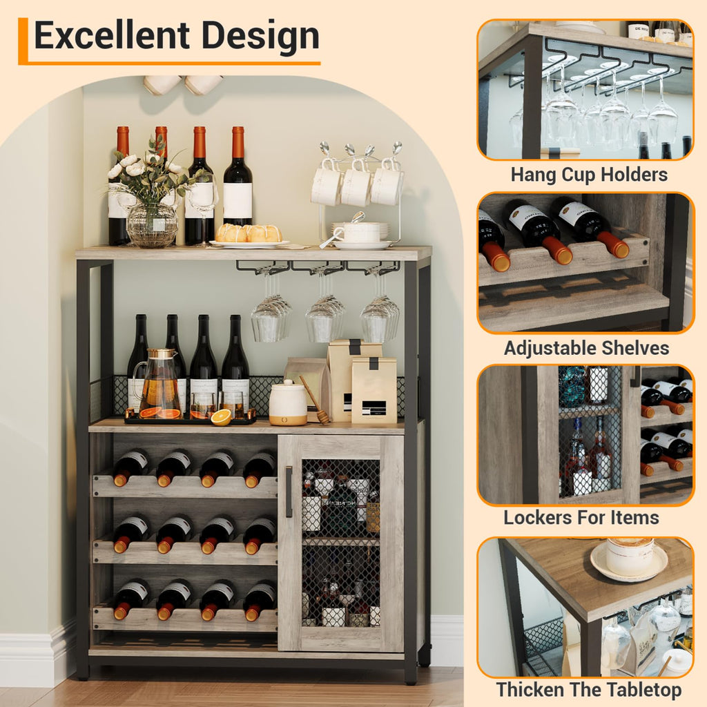 Jojoka 3 Tier Wine Bar Cabinet with LED Lights, Adjustable Storage, Liquor Rack, Glass Holder, Mesh Door, Multi Functional Coffee Bar Sideboard Buffet for Home, Dining Room