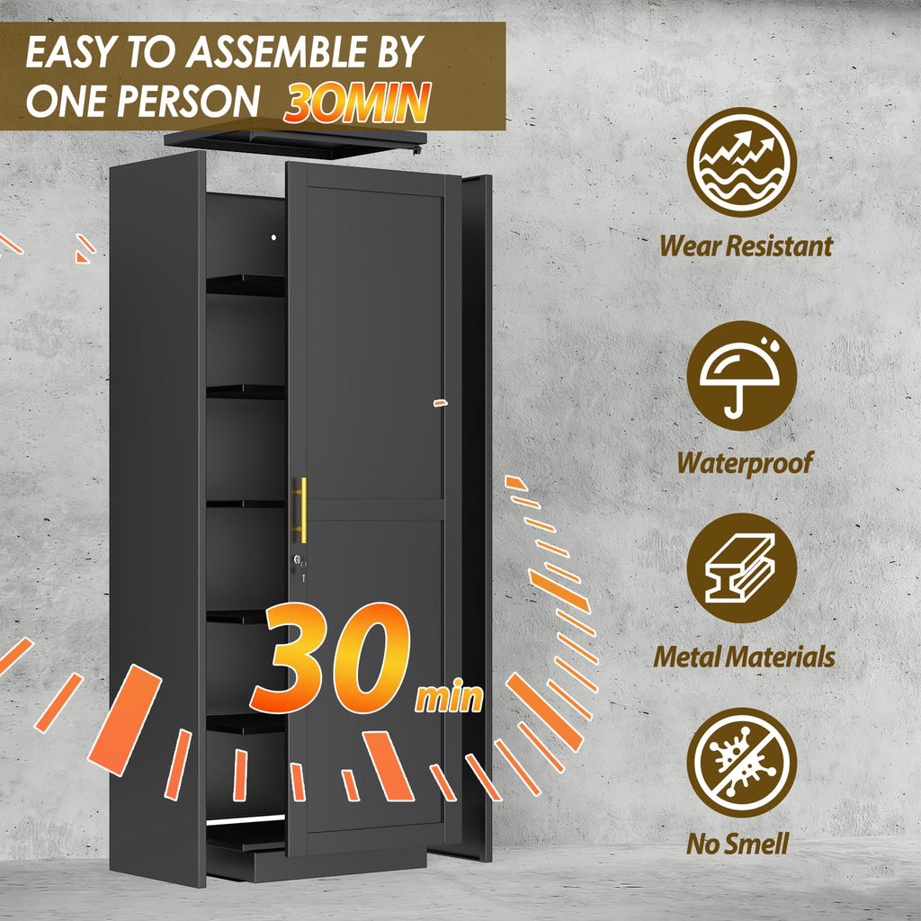 67" Tall Metal Pantry Cabinet, Narrow Freestanding Storage Cabinet, Black