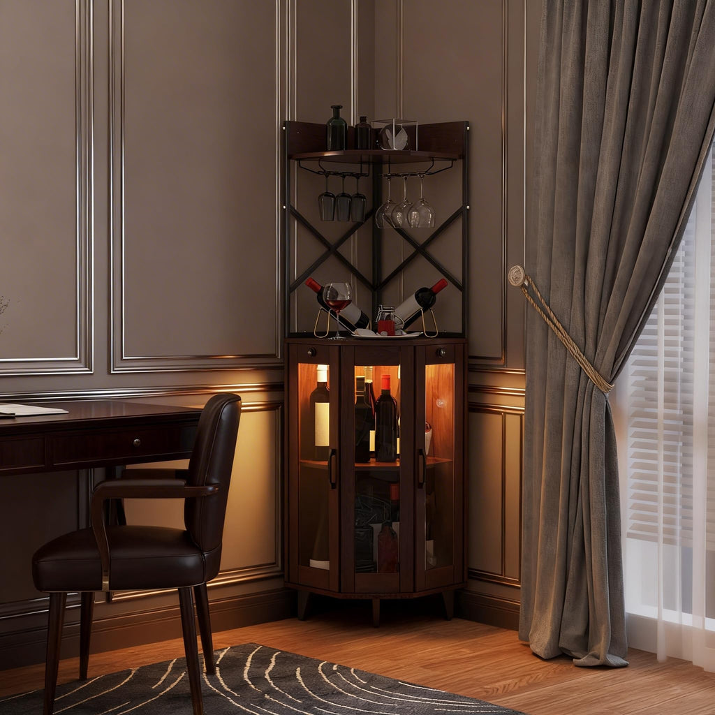 COCO DESIGN All Black Corner Wine Cabinet, Lockable Glass Door with Light
