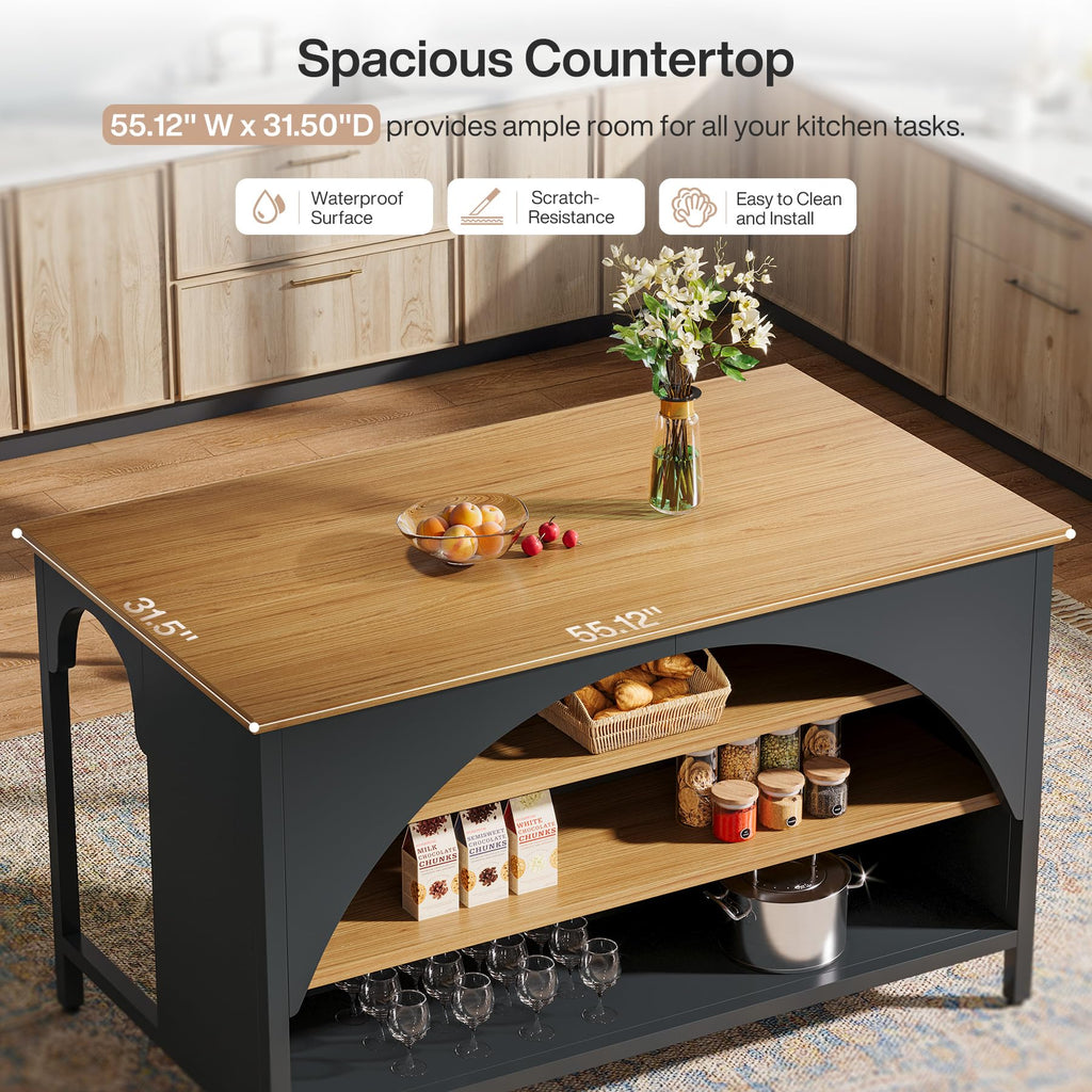 Tribesigns Kitchen Island with 3 Storage Shelves, 55" W Kitchen Shelf with Large Countertop and Seating Area, Modern Wooden Coffee Bar Table (White)
