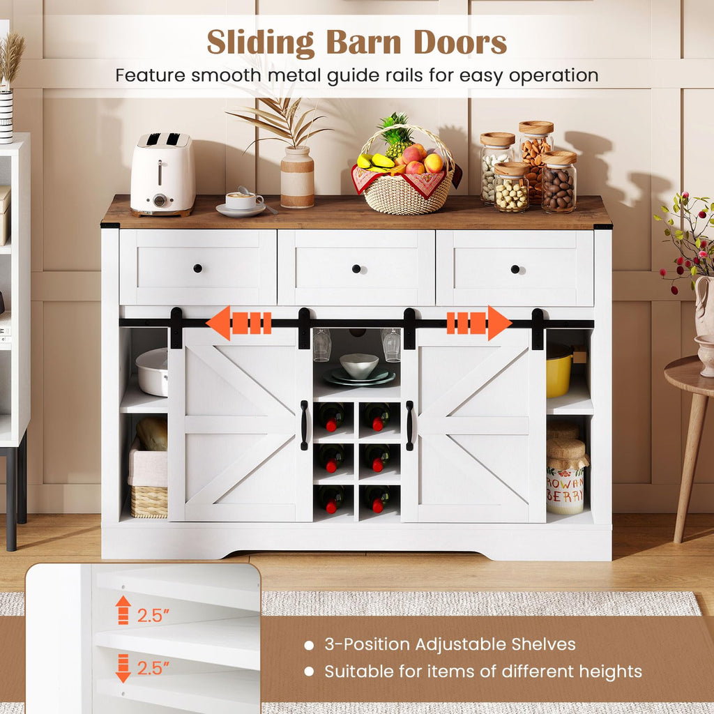 GIANTEX Wine Bar Cabinet with LED Lights, 52" Buffet Sideboard w/Sliding Barn Door, 3 Drawer, Adjustable Shelf, 12 Bottle Wine Rack & Glass Holder, Farmhouse Coffee Station for Living Room