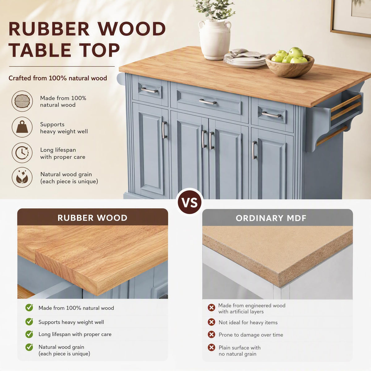 Large Kitchen Island with Rubber Wood Drop Leaf and Silver Handle