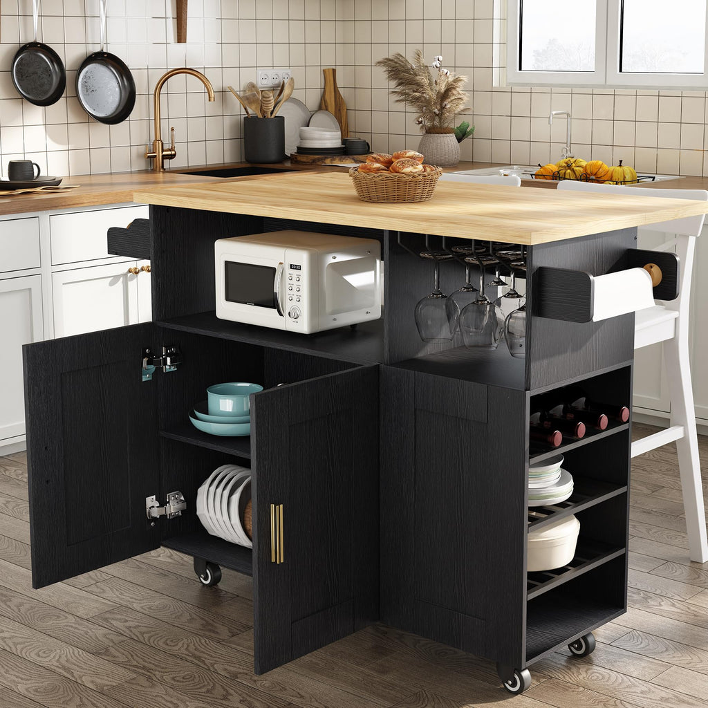 ASTRONAPE Rolling Kitchen Island Cart with Storage, Mobile Kitchen Island with Power Outlet, Large Wood Top, Drawers & Cabinets for Dining Room (White, Model 1)