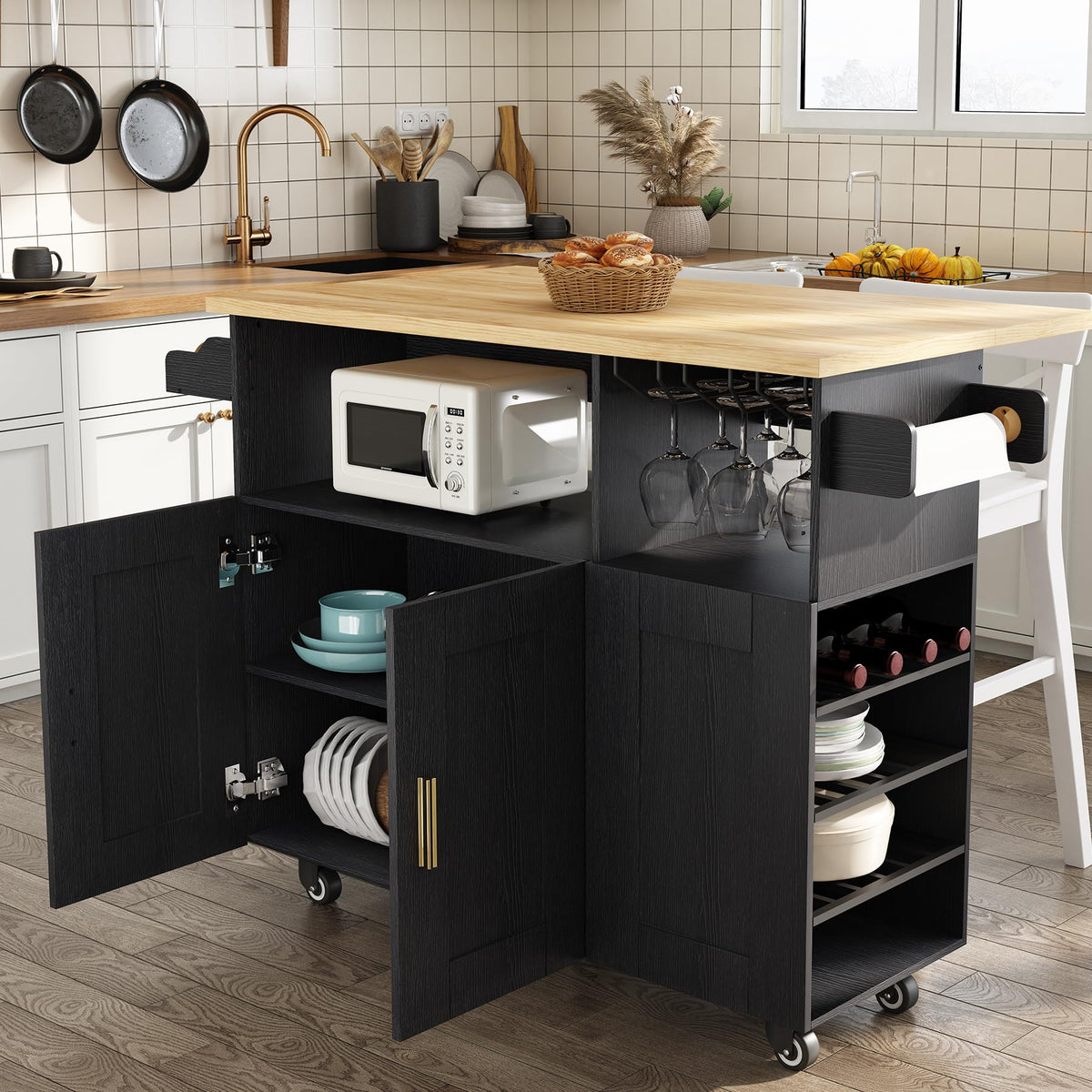 ASTRONAPE Rolling Kitchen Island Cart with Storage, Mobile Kitchen Island with Power Outlet, Large Wood Top, Drawers & Cabinets for Dining Room (White, Model 1)