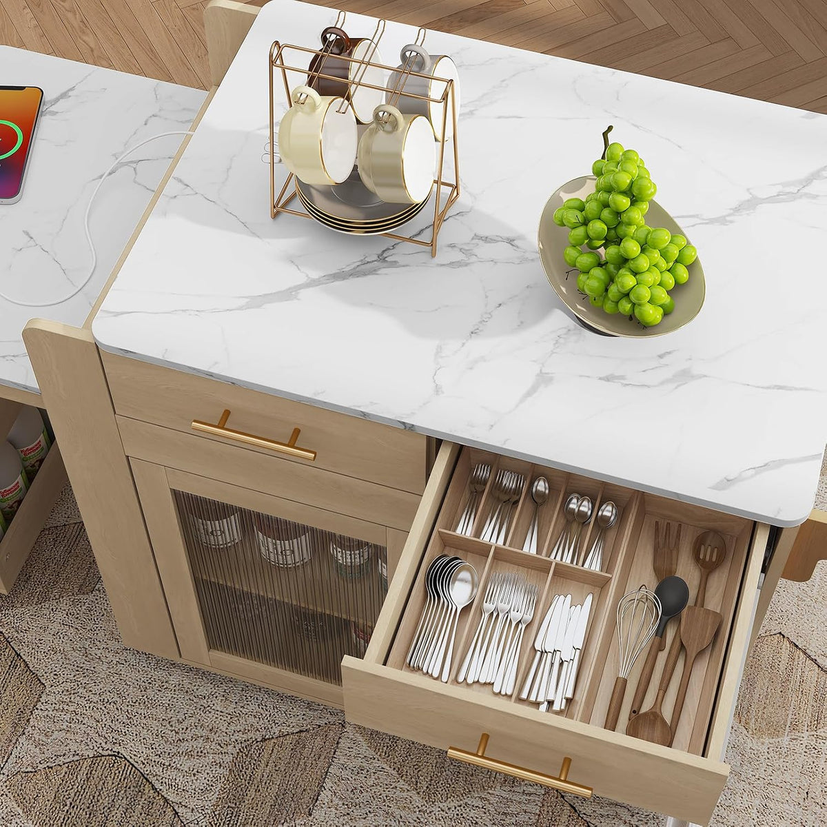 HLR 72" Extendable Rolling Kitchen Island with Storage, Island Table on Wheels with Marble Grain Countertop & Power Outlet, Portable Island Cart with Cabinets, Drawers and Shelves, Wood