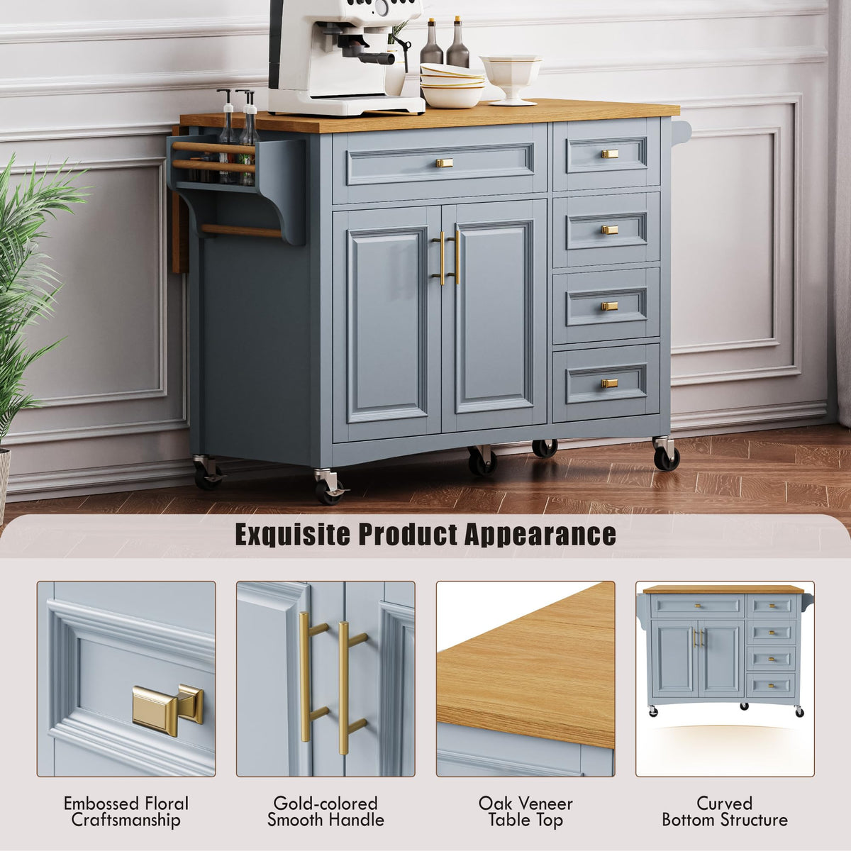Merax 54" Large Kitchen Cart Island on Wheels with Drop Leaf,Adjustable Shelves,3 Drawers,Embossed Texture Design for Dining Room