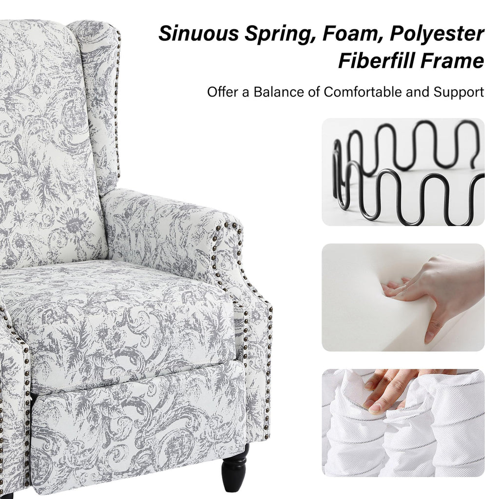 Wingback Floral Pushback Recliner Chair, Plants Beige, Set of 2