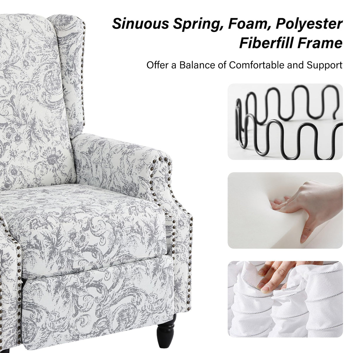 Wingback Floral Pushback Recliner Chair, Plants Beige, Set of 2