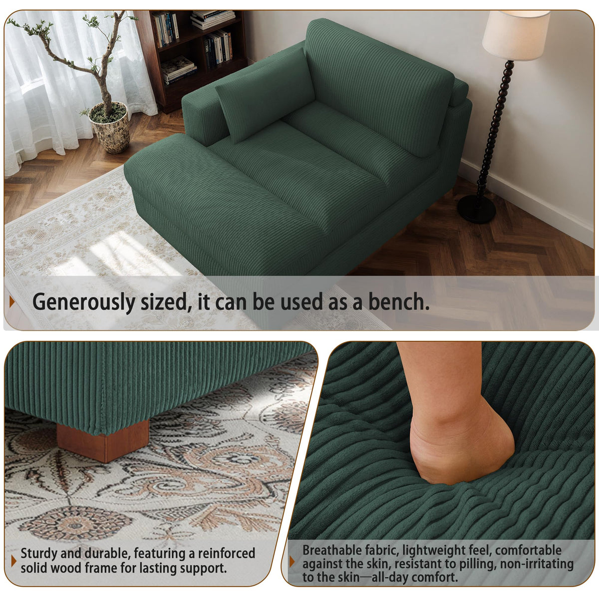 Oversized Corduroy Chaise Lounge Chair with Right Armrest & Cushion, Comfy Upholstered Sleeper Sofa Indoor Recliner Seat Solid Wood Couch w/Washable Cover for Bedroom, Living Room - Orange