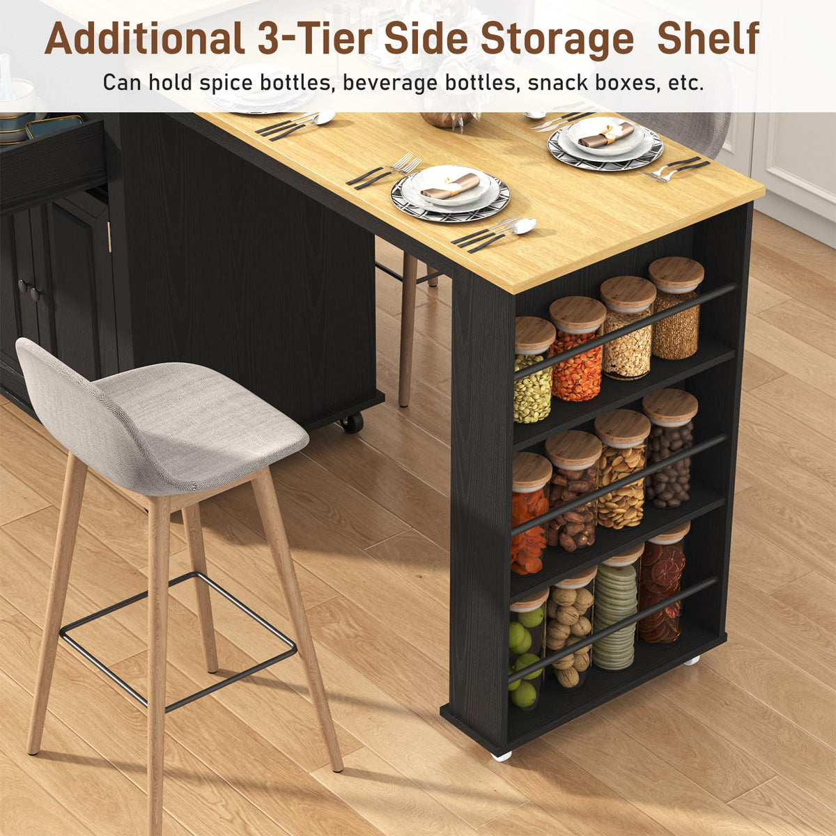 80"-48" Extendable Kitchen Island with Extended Dining Table and Power Outlet,Large Mobile Kitchen Storage Islands with 2 Storage Drawers,Rolling Islands Cart with 3 Extra Rows Open Shelves(Brown)