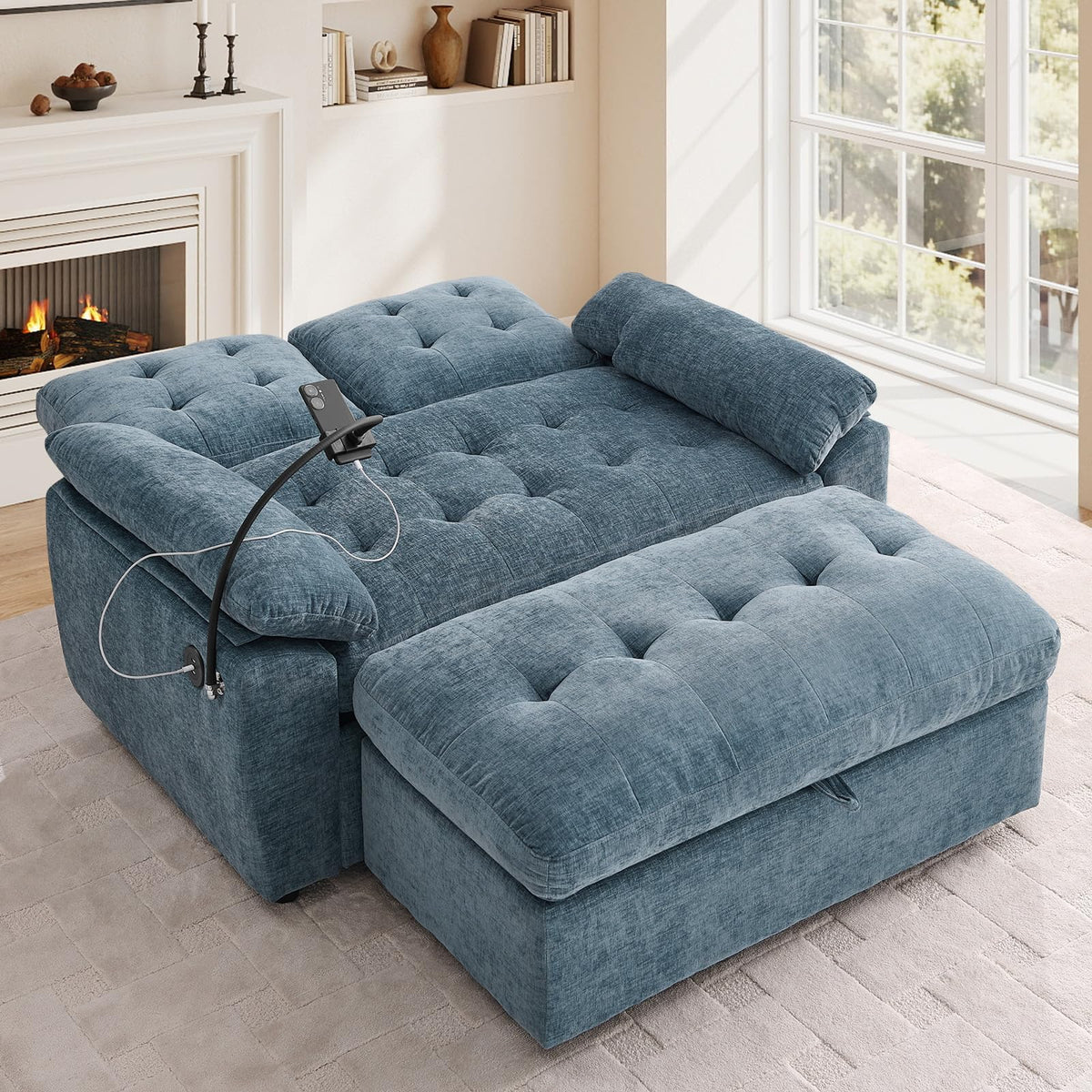 Oversized Chaise Lounge Chair Indoor, Single Convertible Recliner Reading Arm Sofa Chair W/Adjustable Backrest & Charging Port Couch Bed for Living Room, Home Theater & Bedroom, Brown