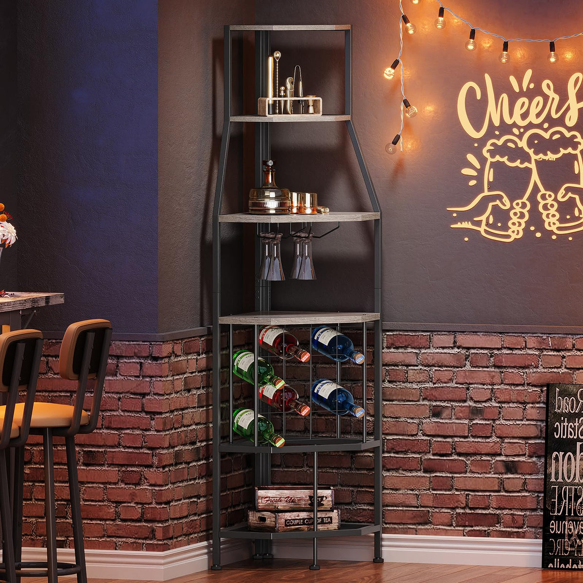 5-Tier Corner Wine Rack with Glass Holder, Floorstanding Wine Storage