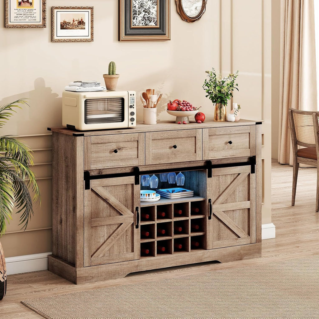 GIANTEX Wine Bar Cabinet with LED Lights, 52" Buffet Sideboard w/Sliding Barn Door, 3 Drawer, Adjustable Shelf, 12 Bottle Wine Rack & Glass Holder, Farmhouse Coffee Station for Living Room