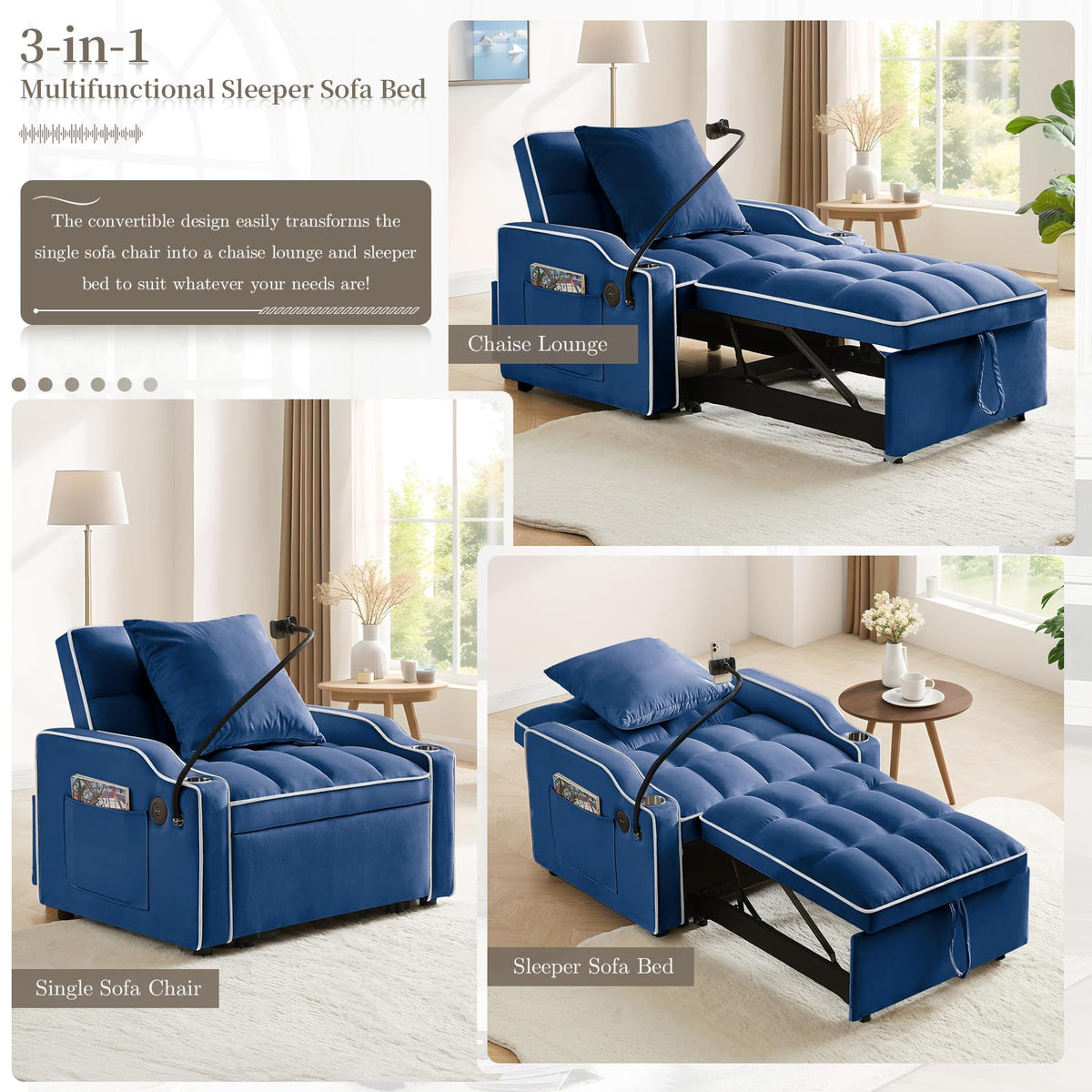 Convertible Single Sleeper Chair Bed,3 in 1 Velvet Futon Sleeper Sofa Bed with Phone Holder&USB Ports,Pull Out Couch Bed,Adjustable Recliner Armchair bed for Living Room,Office,Small Places(Grey)