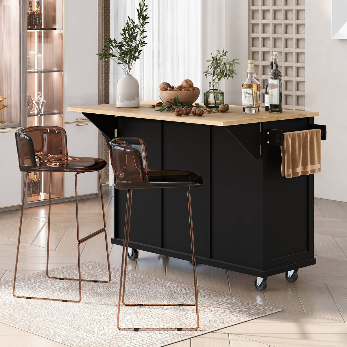 Large Kitchen Island with Rubber Wood Drop Leaf and Silver Handle