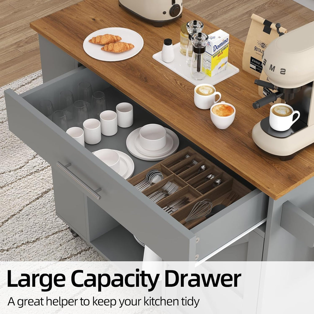 39'' Kitchen Island with Storage, Rolling Kitchen Island on Wheels, Grey