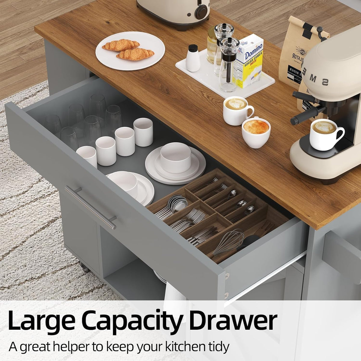 39'' Kitchen Island with Storage, Rolling Kitchen Island on Wheels, Grey