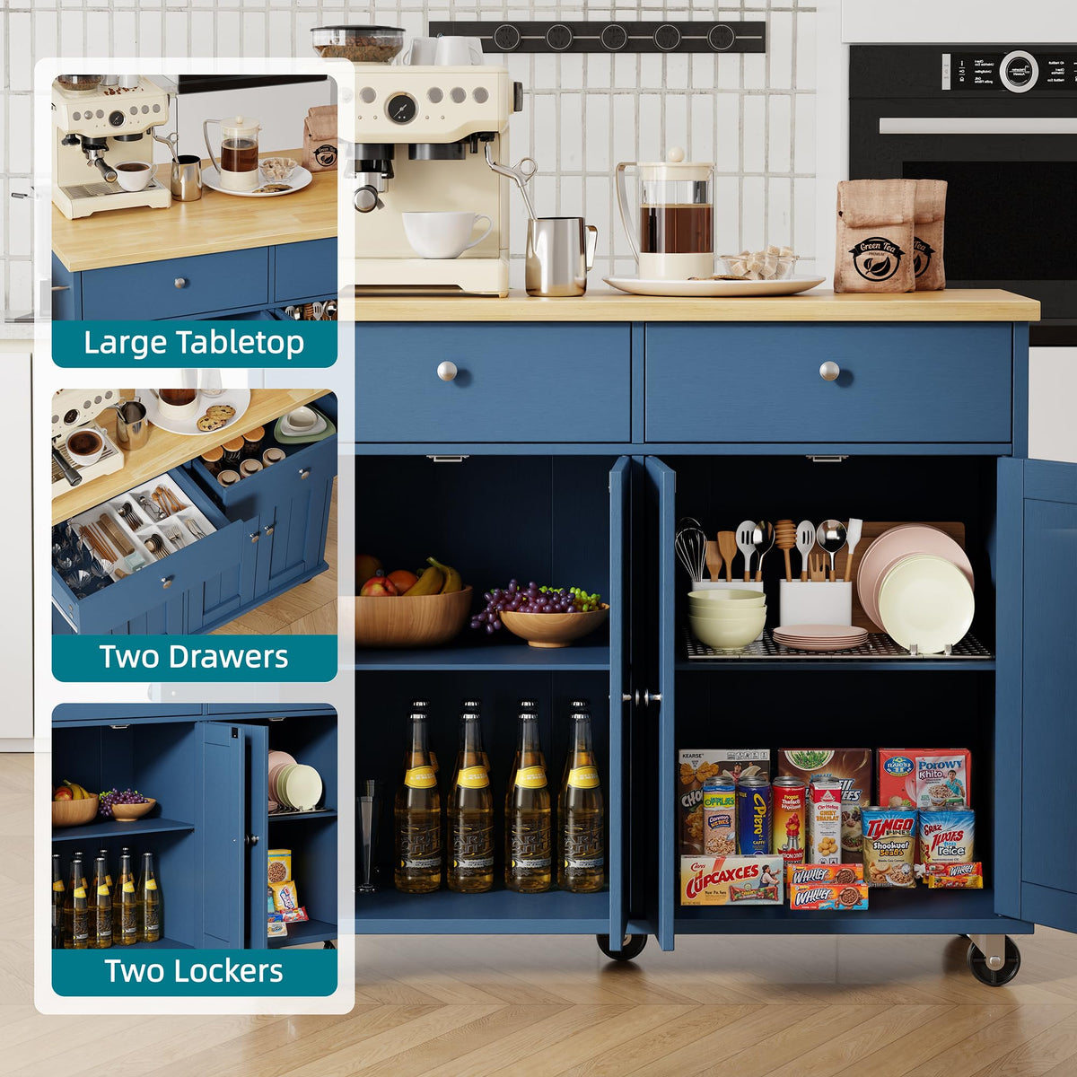 Shintenchi Kitchen Island with Drop Leaf, Rolling Kitchen Cart with Storage on Wheels, Table Bar Cart for Kitchen with Towel Rack & Seating Area for Dining Room, White