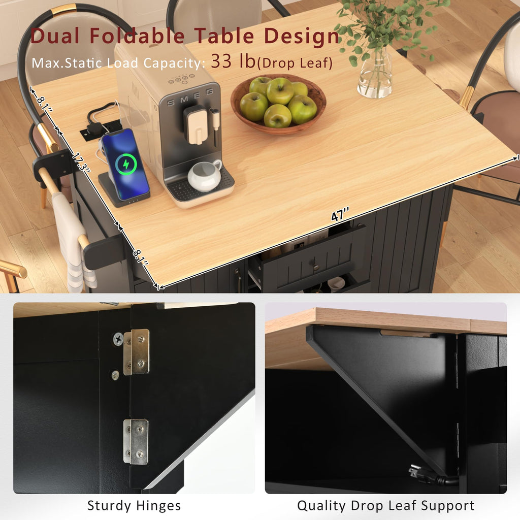 55.7'' Kitchen Island with 2 Drop Leaf for 4-6 Seating, Rolling Kitchen Cart with Power Outlet, 3 Drawers, Spice & Towel Rack, Folding Dining Table for Home Dining Room (Teal)
