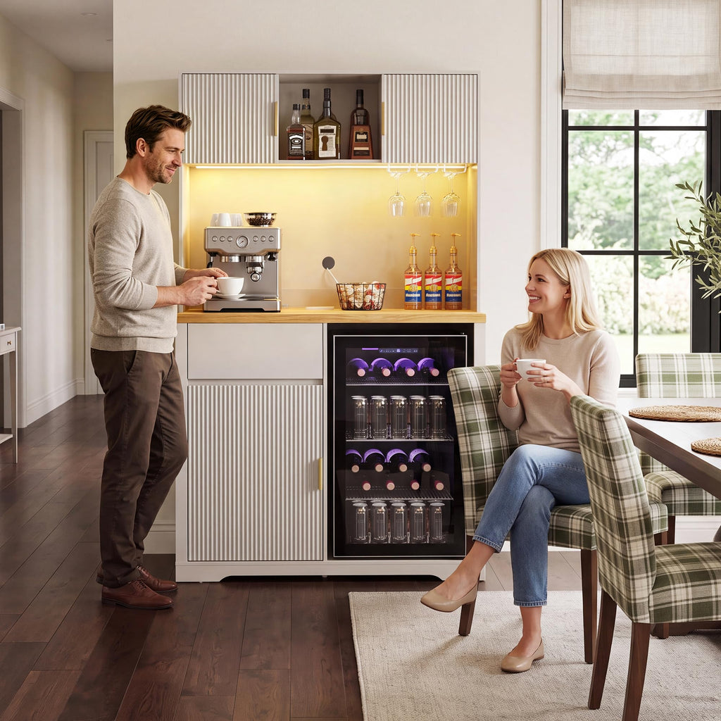 GDLF 72" Tall Coffee Bar Cabinet with Fridge Space, Fluted Liquor Home Bar