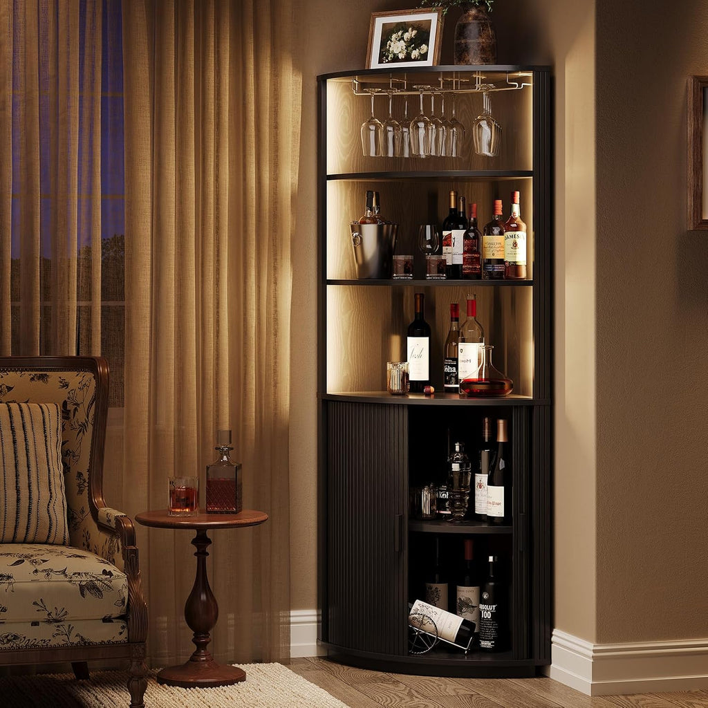 ComfyCorner 72" Tall Corner Bar Cabinet with LED Lights & Sliding Door