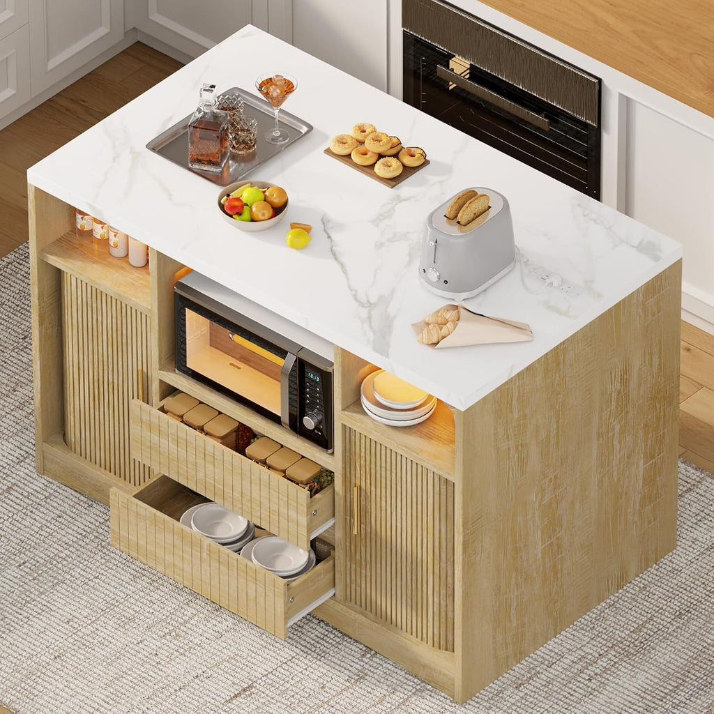 Kitchen Island with Power Outlet & LED Lights, 47" Rolling Island