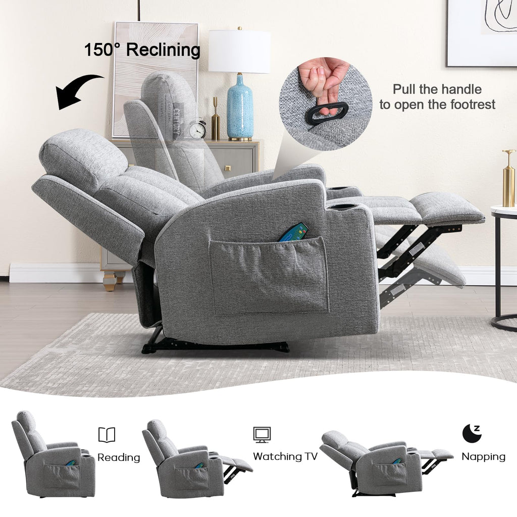 CANMOV Manual Recliner Chair with Massage and Heat, Soft Fabric Recliner Chair with Overstuffed Arm and Back, Manual Reclining Single Sofa with 2 Cup Holders, Side Pocket for Living Room, Dark Grey