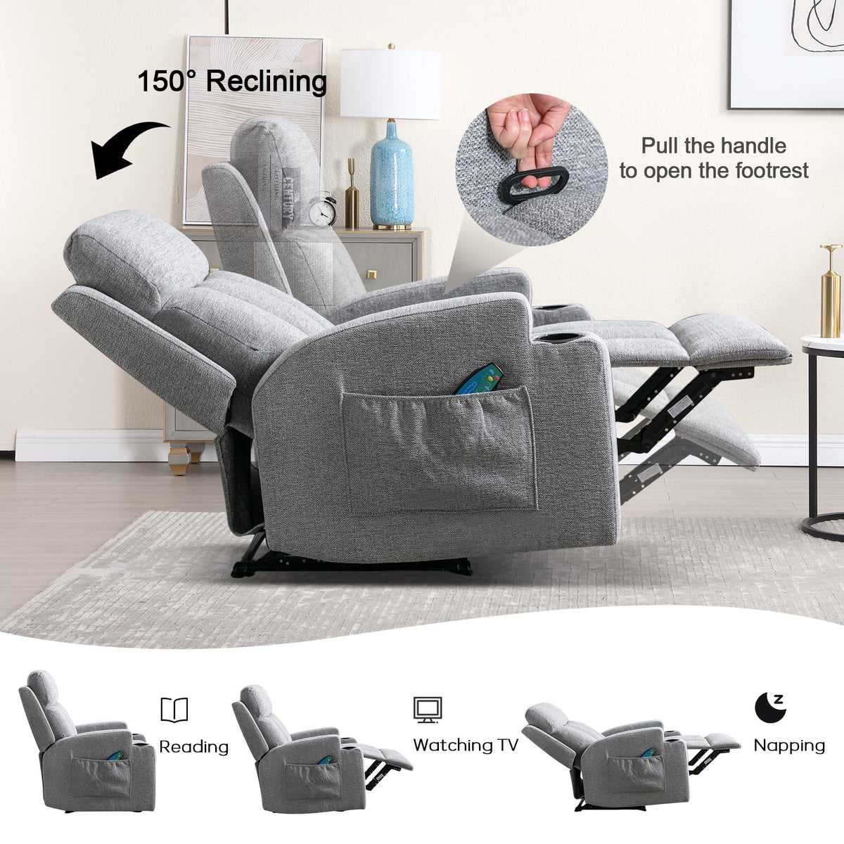 CANMOV Manual Recliner Chair with Massage and Heat, Soft Fabric Recliner Chair with Overstuffed Arm and Back, Manual Reclining Single Sofa with 2 Cup Holders, Side Pocket for Living Room, Dark Grey