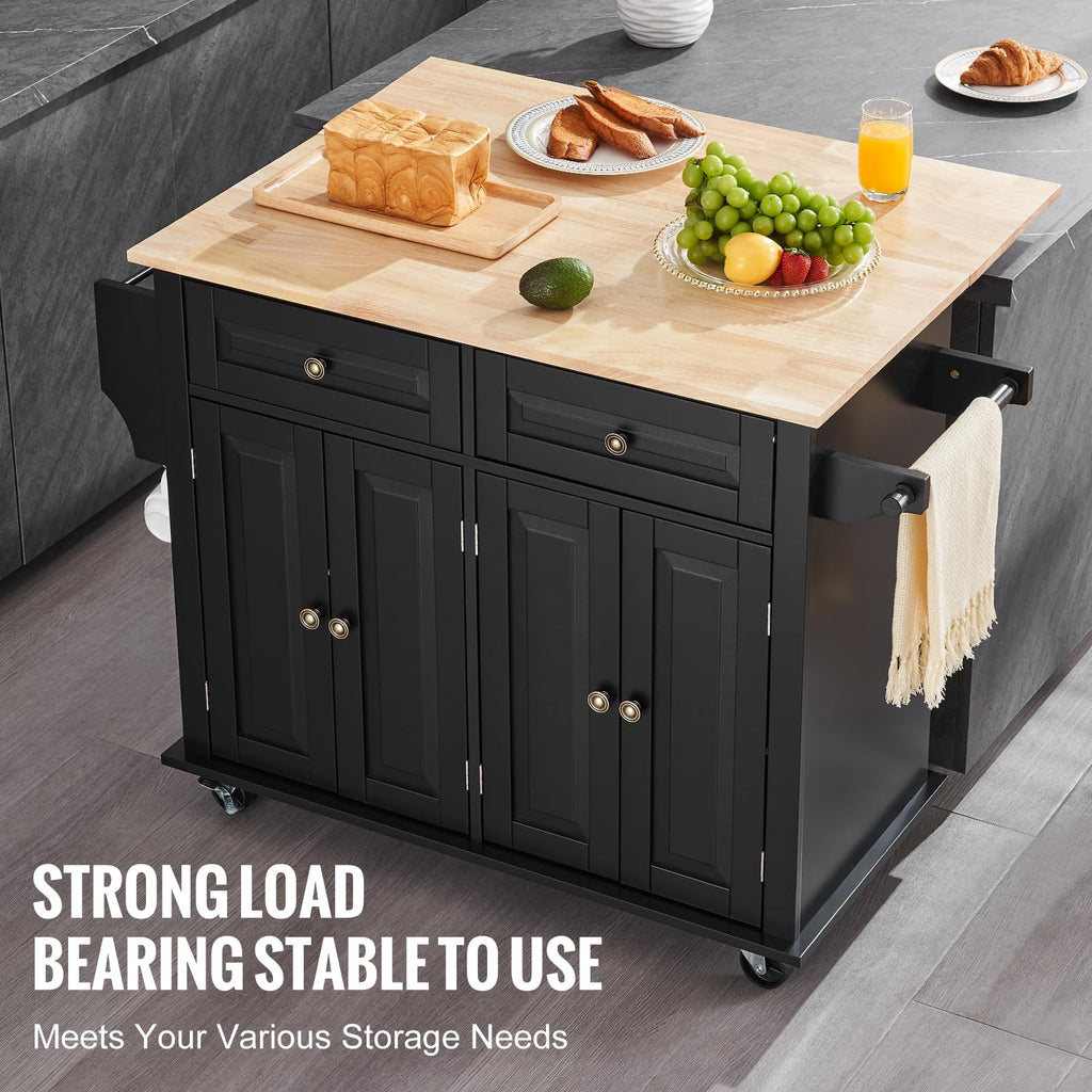 VEVOR Kitchen Island Cart with Storage, 47.64 in Wide Mobile Rolling Storage Island on Swivel Wheels, with 2 Drawers, Storage Cabinet, Drop Leaf, Towel Rack, Table for Home Dining Room, White