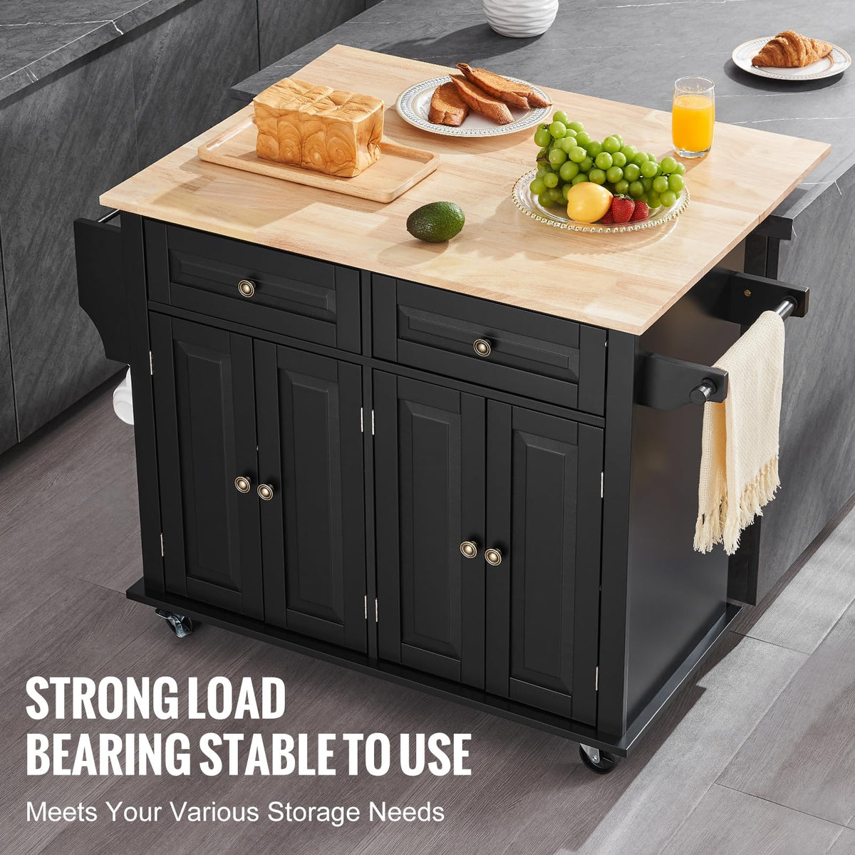 VEVOR Kitchen Island Cart with Storage, 47.64 in Wide Mobile Rolling Storage Island on Swivel Wheels, with 2 Drawers, Storage Cabinet, Drop Leaf, Towel Rack, Table for Home Dining Room, White