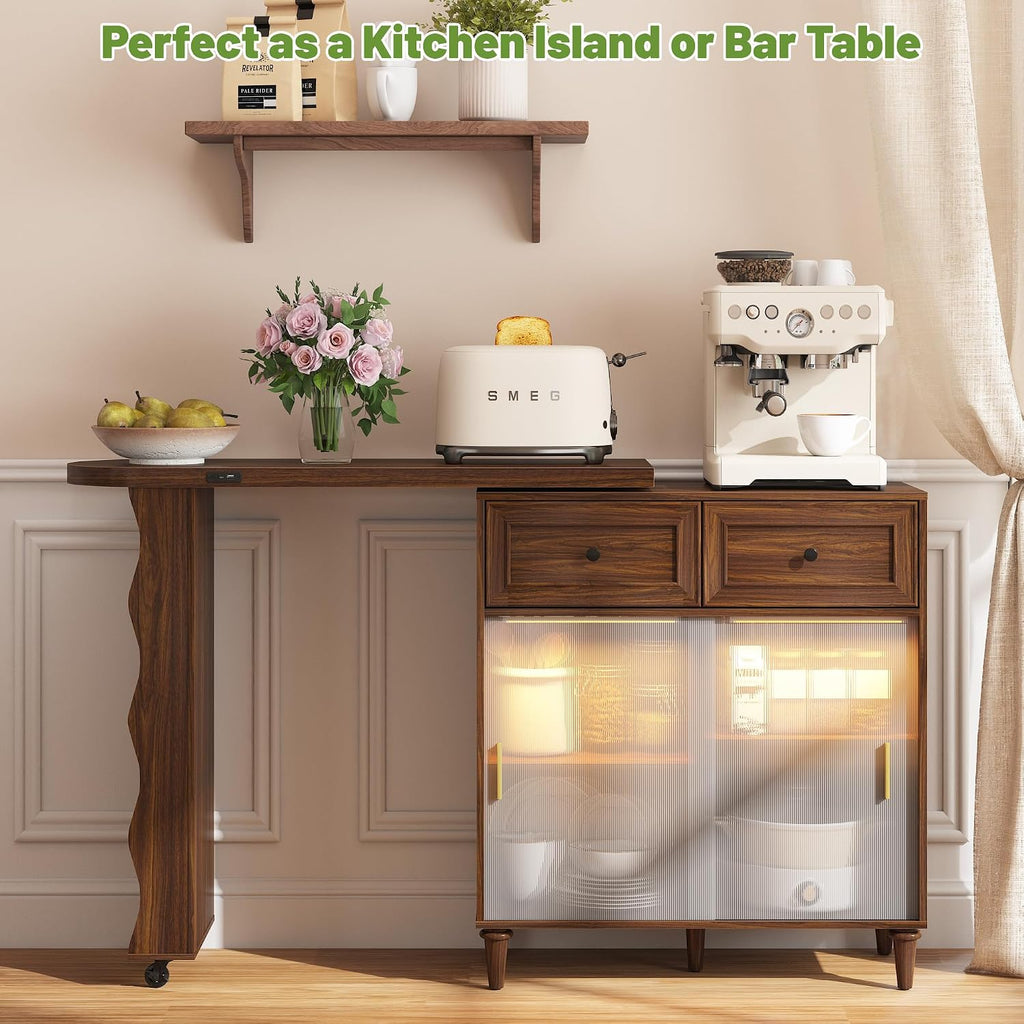 69" Kitchen Island with 360Â° Rotating Table,LED Lighting, Adjustable Shelves, Storage Cabinet & Power Outlet â Walnut Finish Extendable Dining Table for Kitchen, Dining Room, Bar