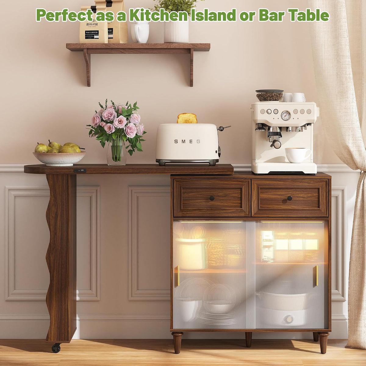 69" Kitchen Island with 360Â° Rotating Table,LED Lighting, Adjustable Shelves, Storage Cabinet & Power Outlet â Walnut Finish Extendable Dining Table for Kitchen, Dining Room, Bar