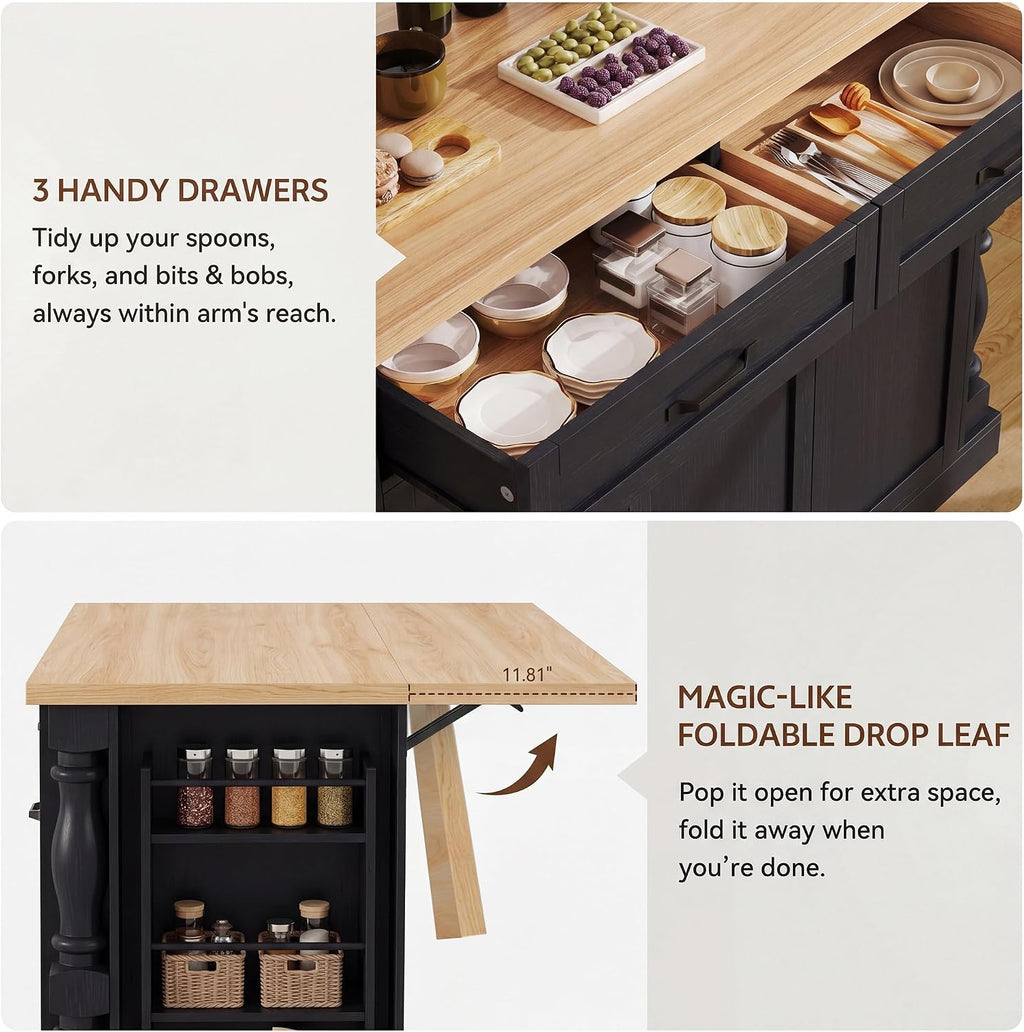Island Table for Kitchen,48" Rolling Kitchen Island with Drop Leaf