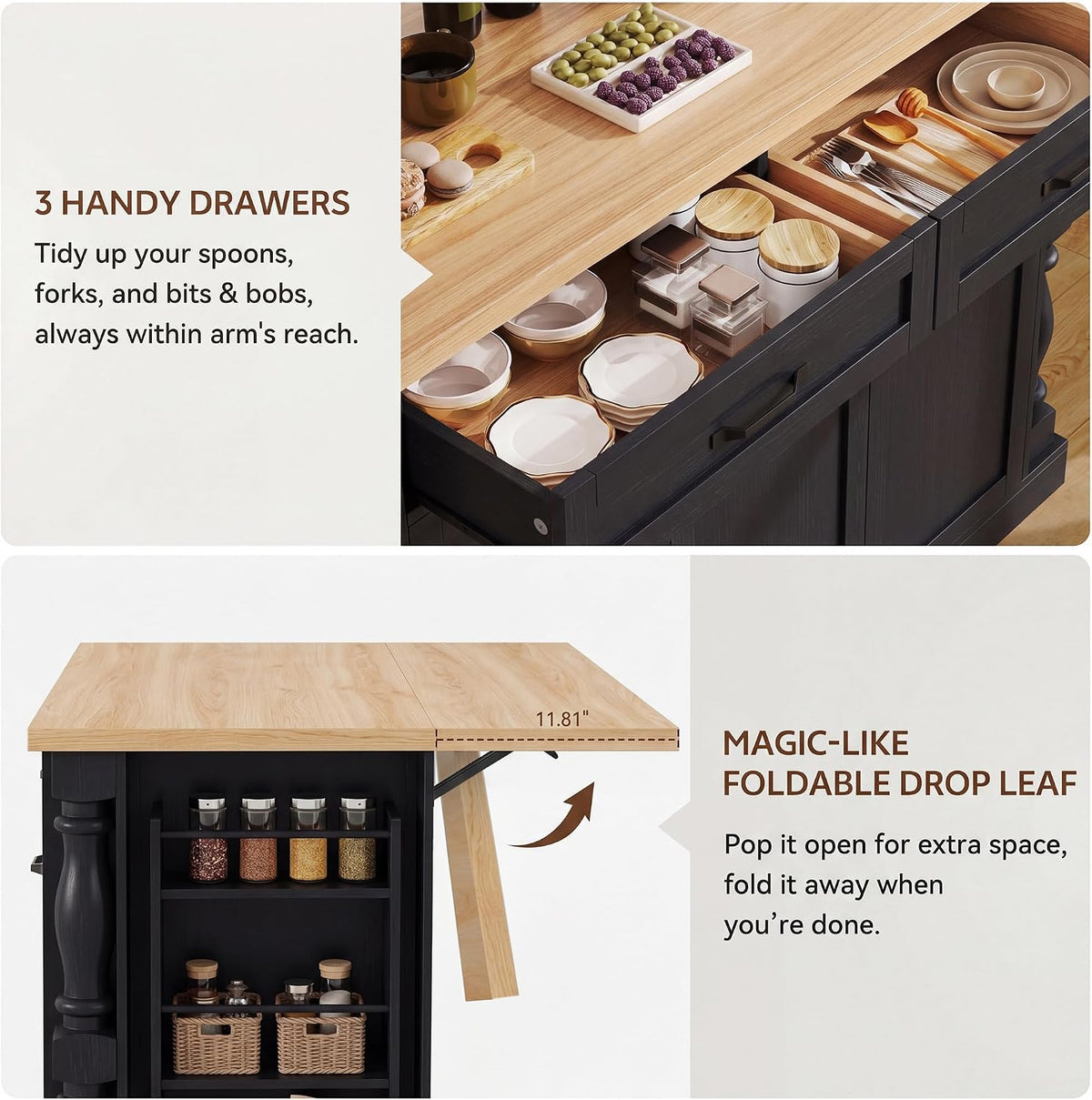 Island Table for Kitchen,48" Rolling Kitchen Island with Drop Leaf