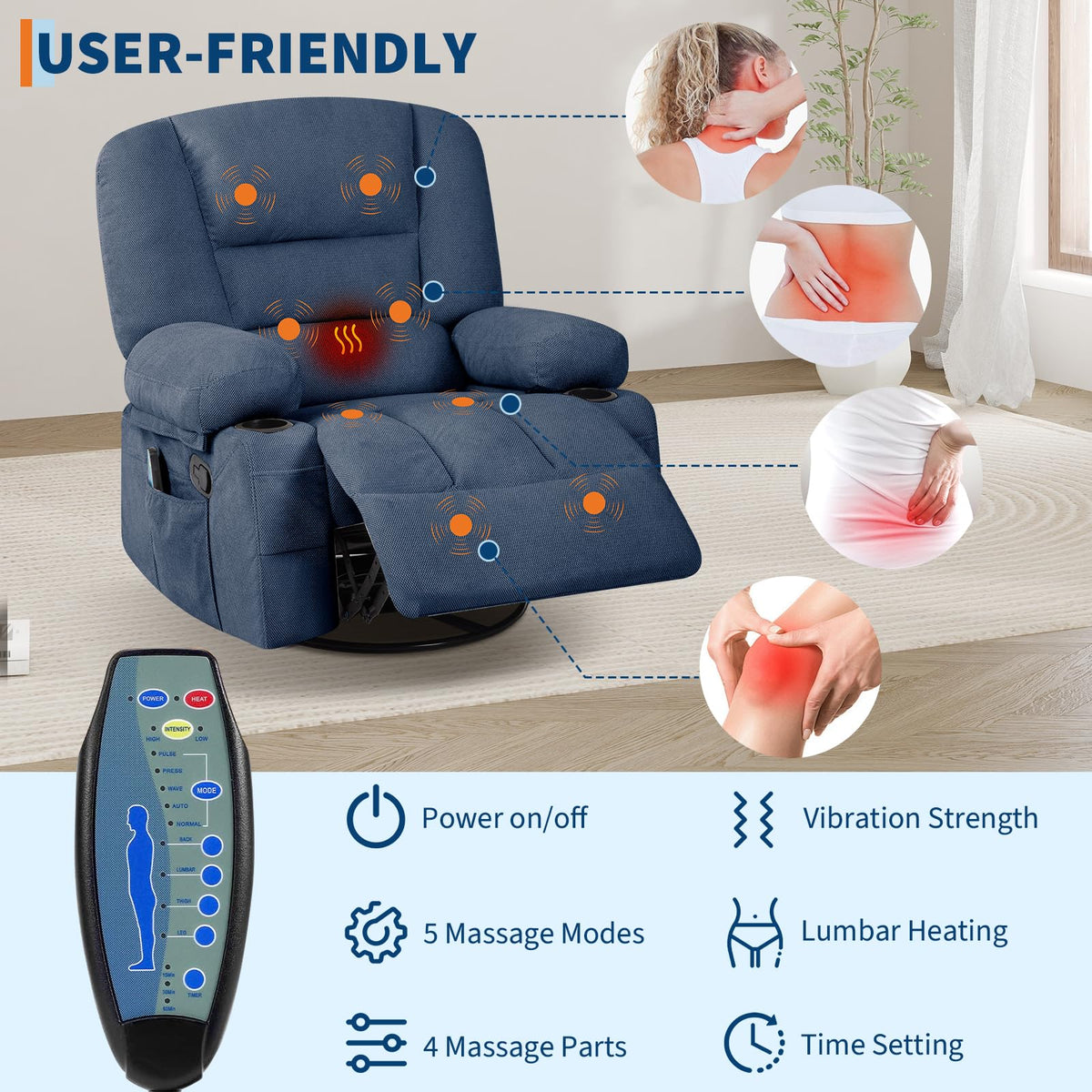 Garvee Oversized Recliner Chair,Extra Wide 360Â° Swivel Rocker Massage Heat