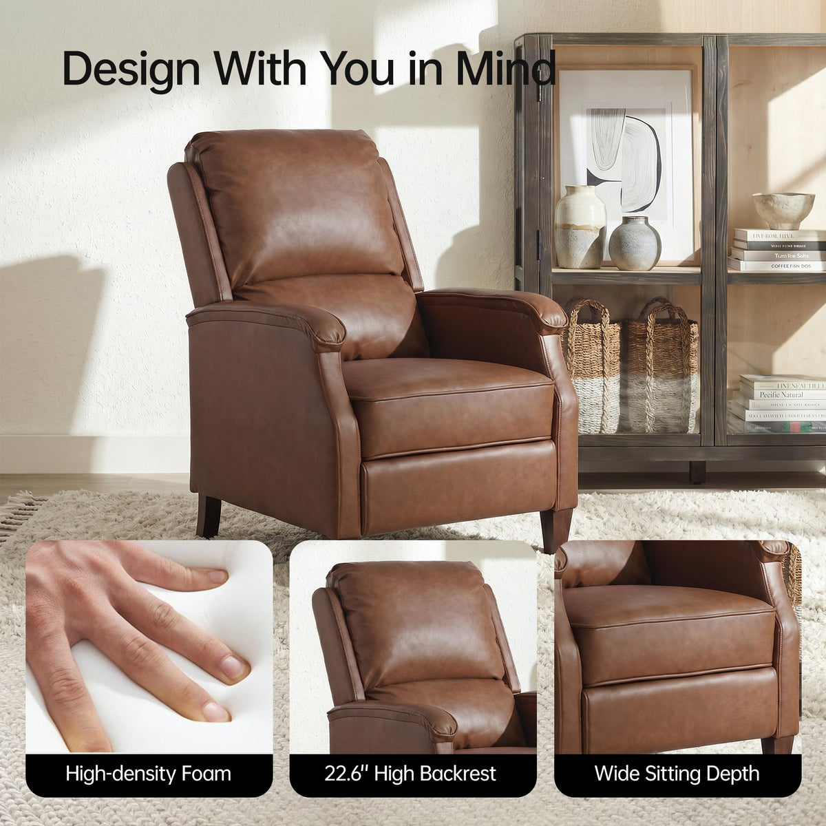 VKNOW Recliner Chair, Fabric Recliner with Adjustable Back, Brown