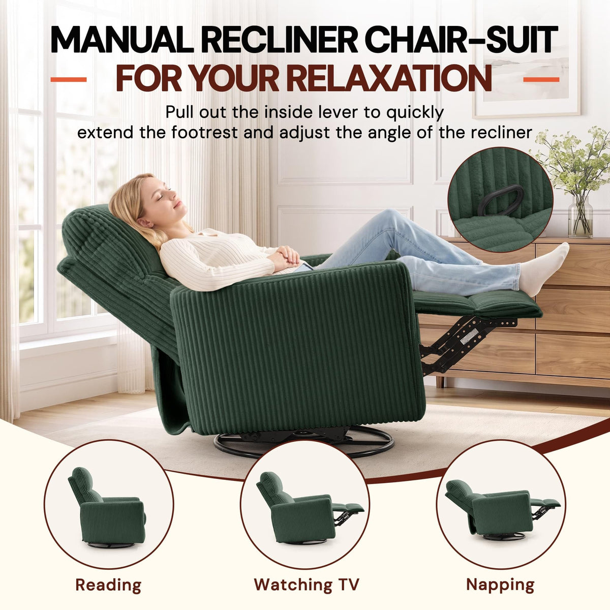 Korser 360Â° Swivel Glider Rocker Manual Recliner, High Back Corduroy Recliner with Curved Armrests, Beige Nursery Rocking Reclining Chair for Living Room Bedroom Adults