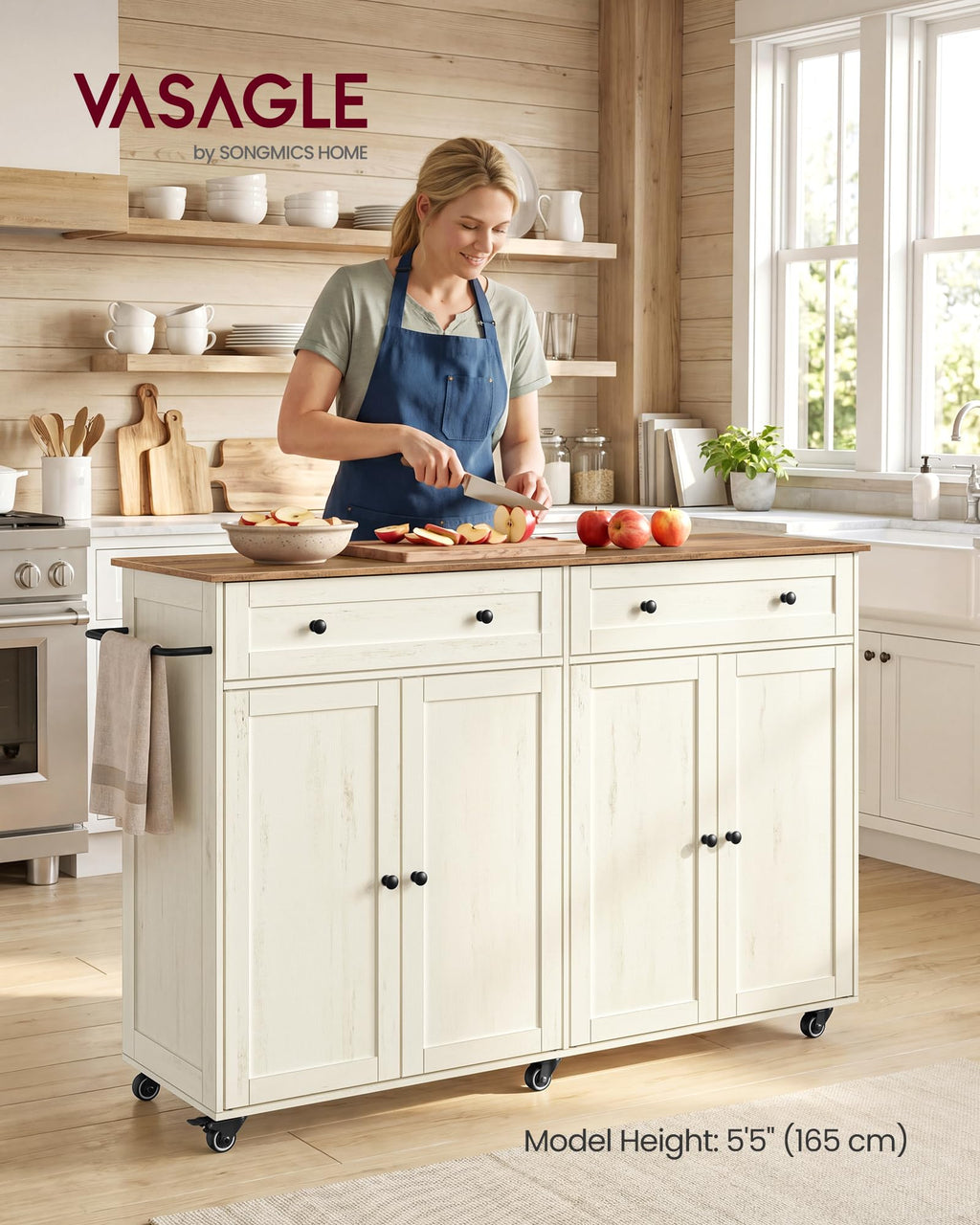 VASAGLE Mobile Kitchen Wooden Island Cart with Storage for Dining Room