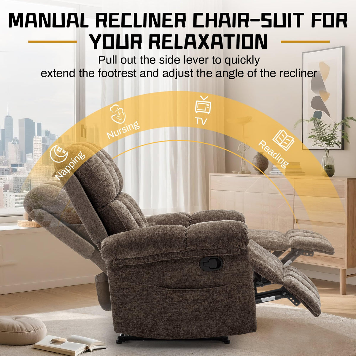 Korser Recliner Chair, Living Room Recliner Chairs for Adults, Small Recliners for Small Spaces, Upholstered Manual Recliner with Side Pockets, Comfy Nursery Chair for Living Room, Chenille, Beige