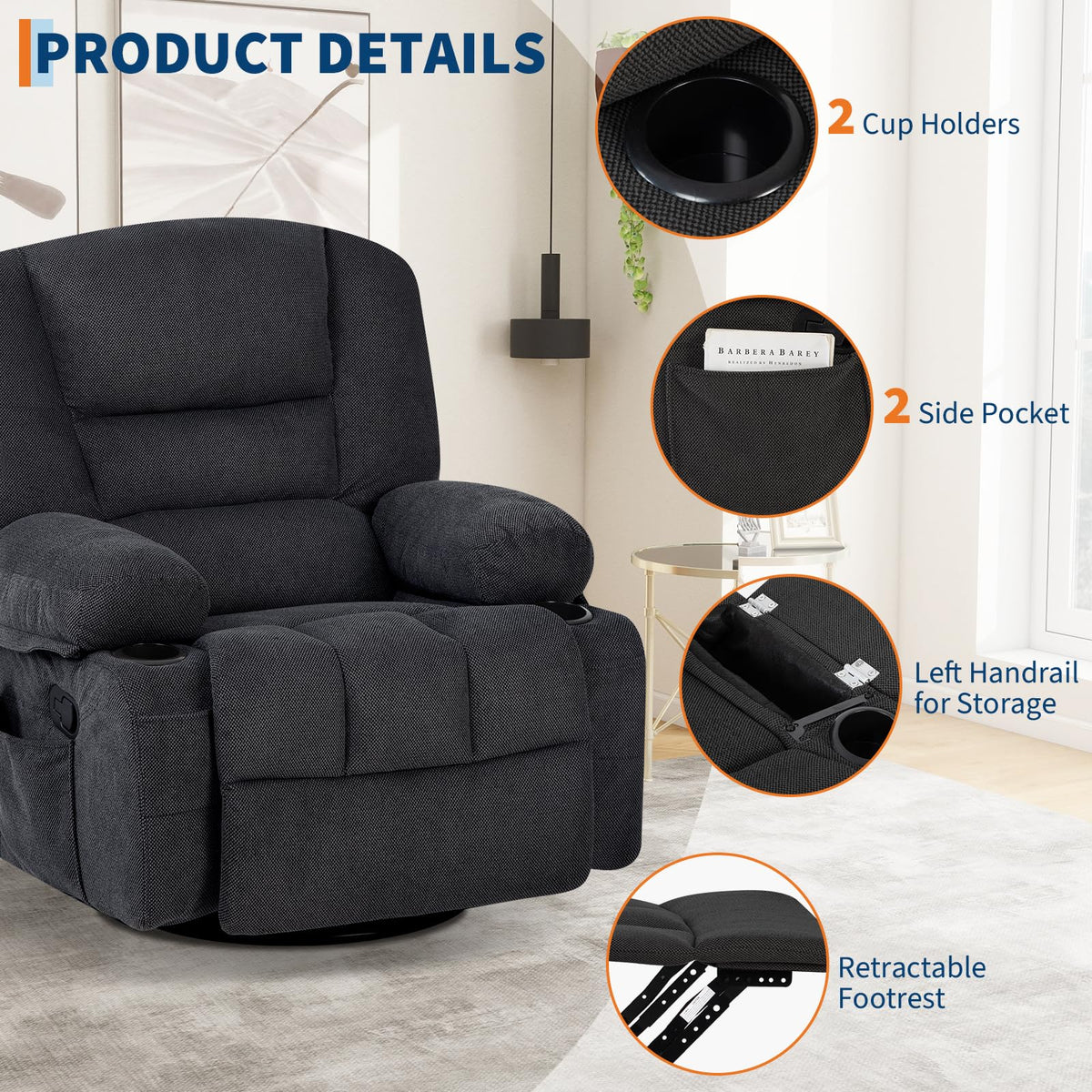 Garvee Oversized Recliner Chair,Extra Wide 360Â° Swivel Rocker Massage Heat
