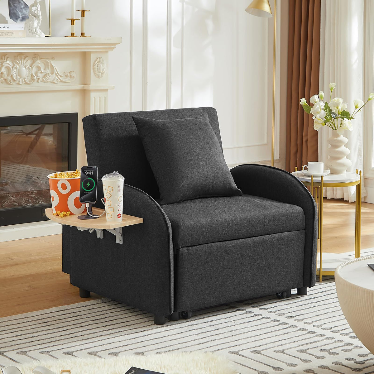 Convertible Single Sleeper Chair Bed,3 in 1 Velvet Futon Sleeper Sofa Bed with Phone Holder&USB Ports,Pull Out Couch Bed,Adjustable Recliner Armchair bed for Living Room,Office,Small Places(Grey)