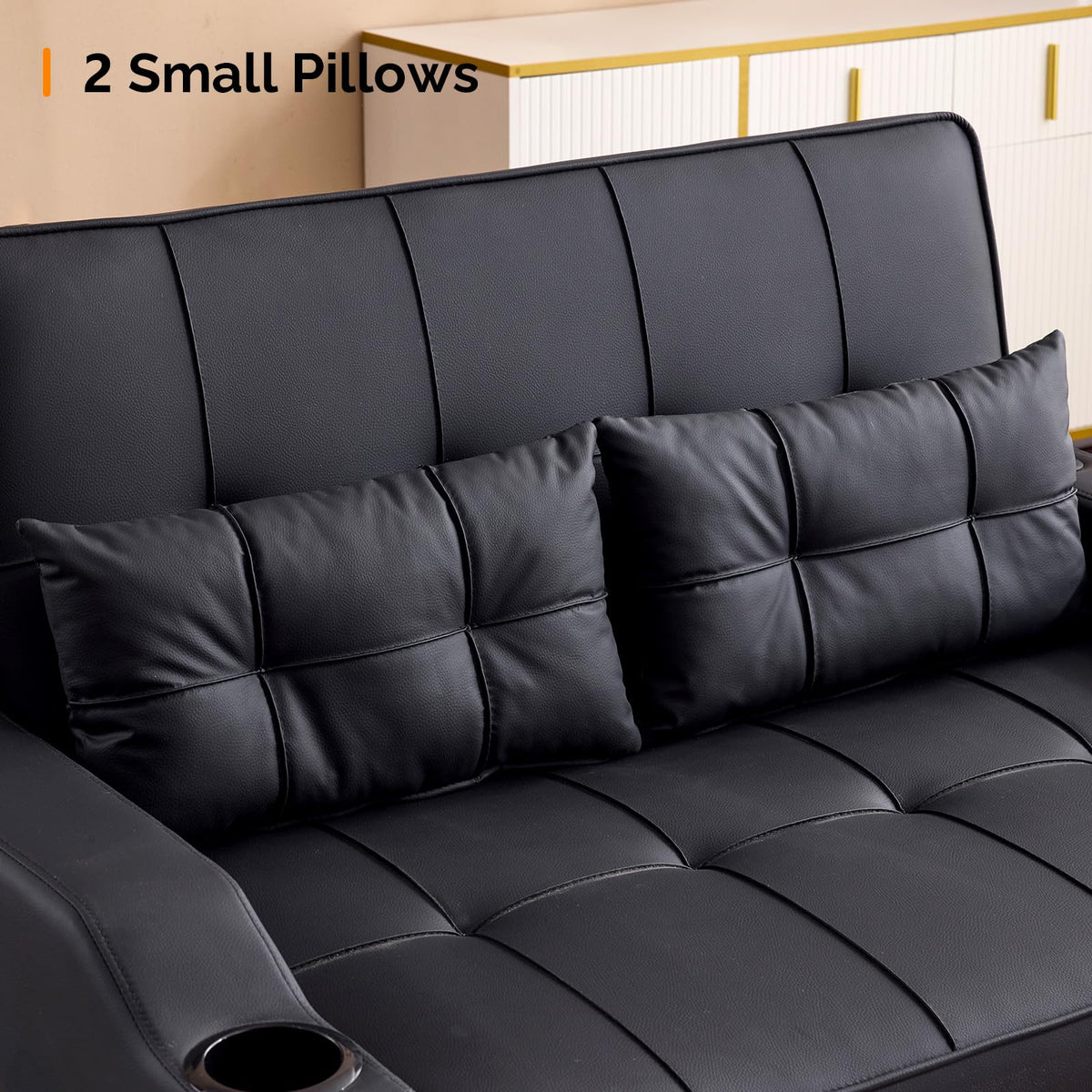 VINGLI Light Grey Futon Sofa Bed Convertible Loveseat Sleeper Couch, Faux Leather Pullout Sofa Fold Out Couch Bed with USB Ports, Cup Holders, Armrest for Living Room, Bedroom Apartment Room