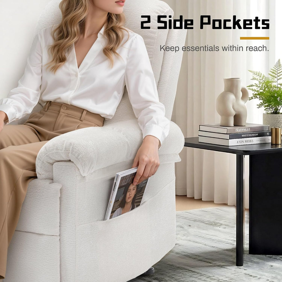 Korser Recliner Chair, Living Room Recliner Chairs for Adults, Small Recliners for Small Spaces, Upholstered Manual Recliner with Side Pockets, Comfy Nursery Chair for Living Room, Chenille, Beige