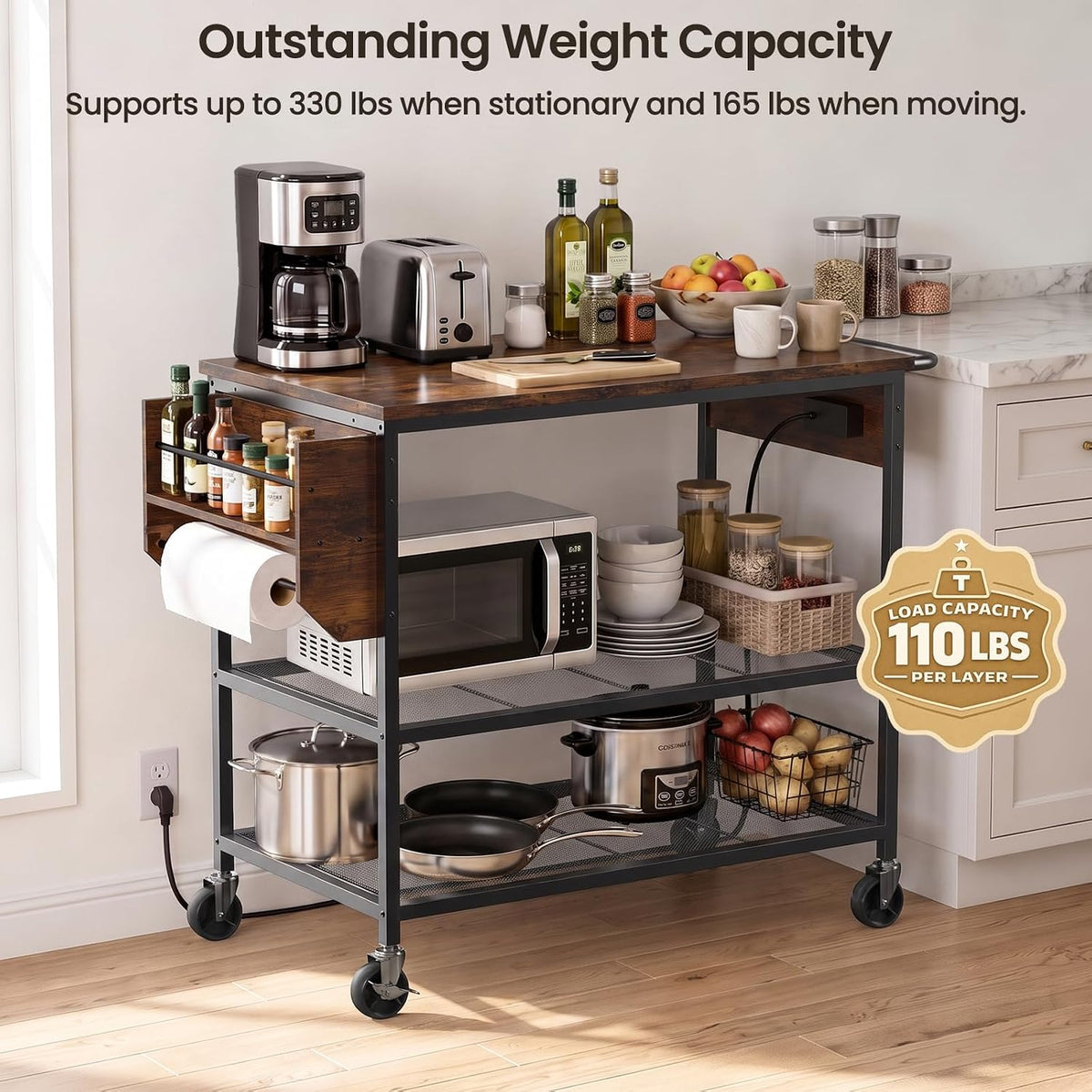 Rolling Kitchen Island with Storage, 3 Tier Kitchen Island Cart with Wheels,Wood Large Worktop, Storage Shelves, Lockable Casters, Power Outlet, Push Handle for Kitchen Dining Room