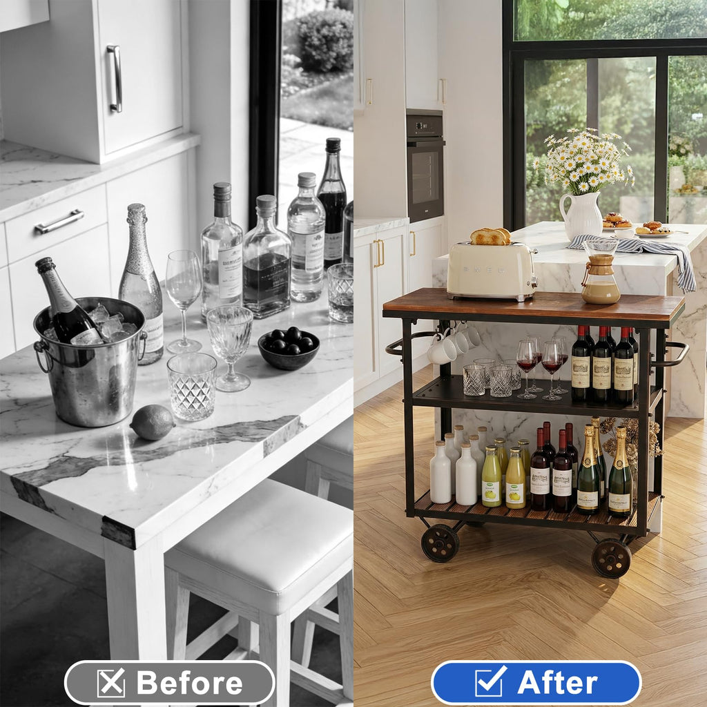 Vintage Rolling Bar Cart on Wheels Industrial Mobile Serving Cart Metal and Wood Design for Kitchen Bar Office Coffee House 36.2" Lx15.75 Wx30.5 H 3 Tier with 2 Side Handle