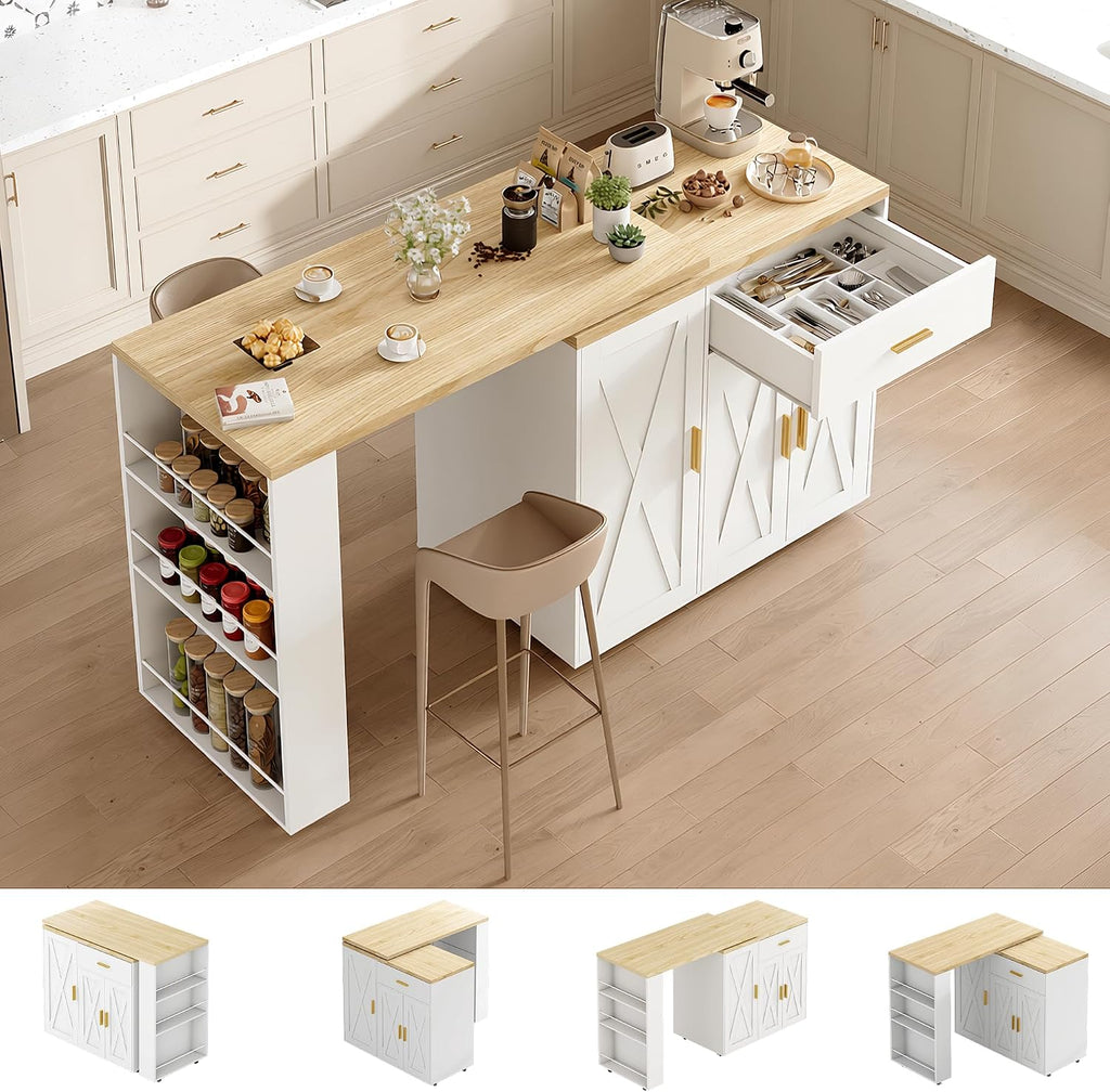 DreamDashio Kitchen Island with Storage, Rolling Kitchen Island with Swivel Table, Drawers & Shelves, Mobile Kitchen Island Cart with 360Â° Swivel Extendable Dining Table for Kitchen, Dining Room