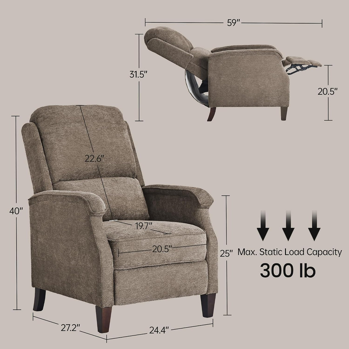 VKNOW Recliner Chair, Fabric Recliner with Adjustable Back, Brown