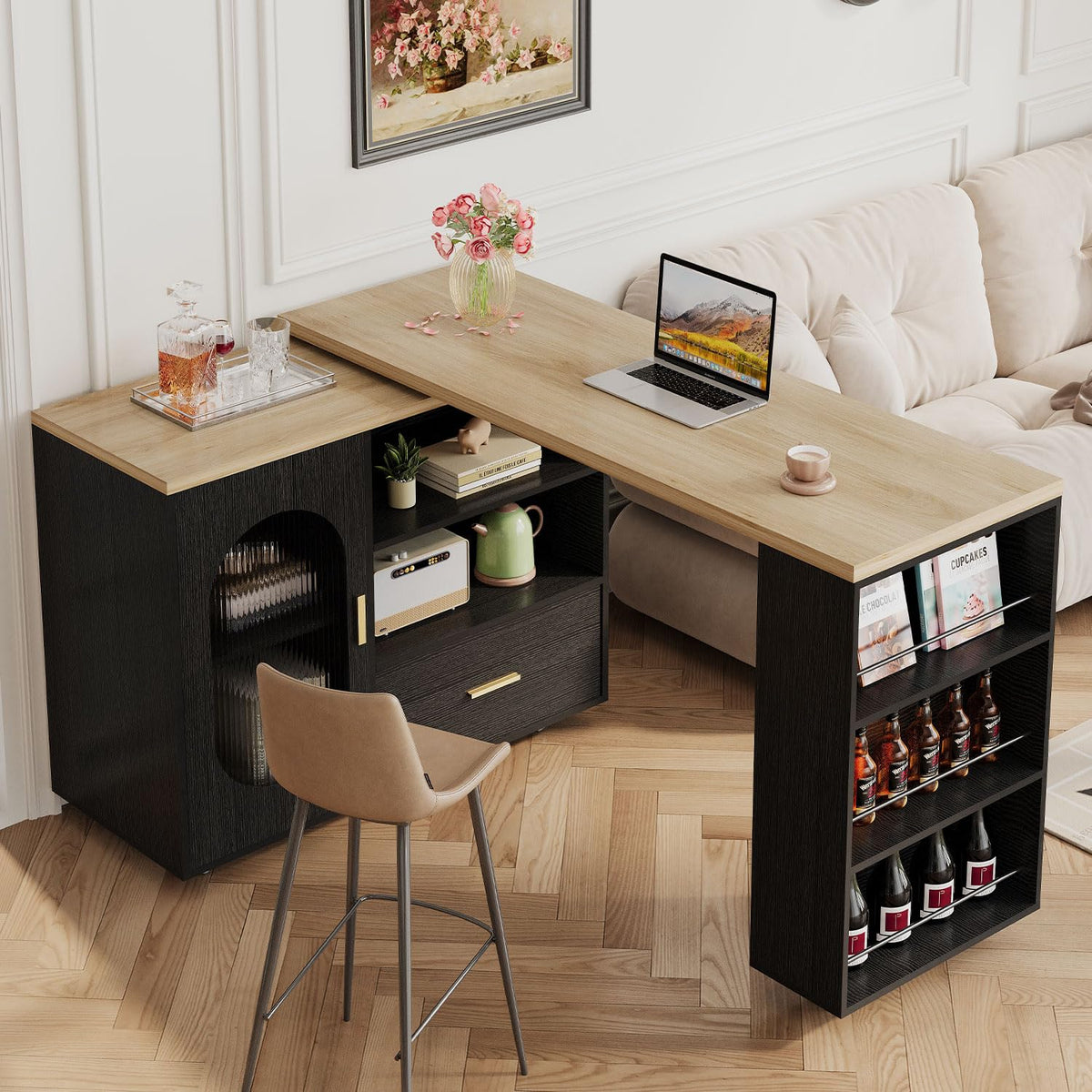 HSH 72â Rolling Kitchen Island with Seating & Storage on Wheels, White Oak