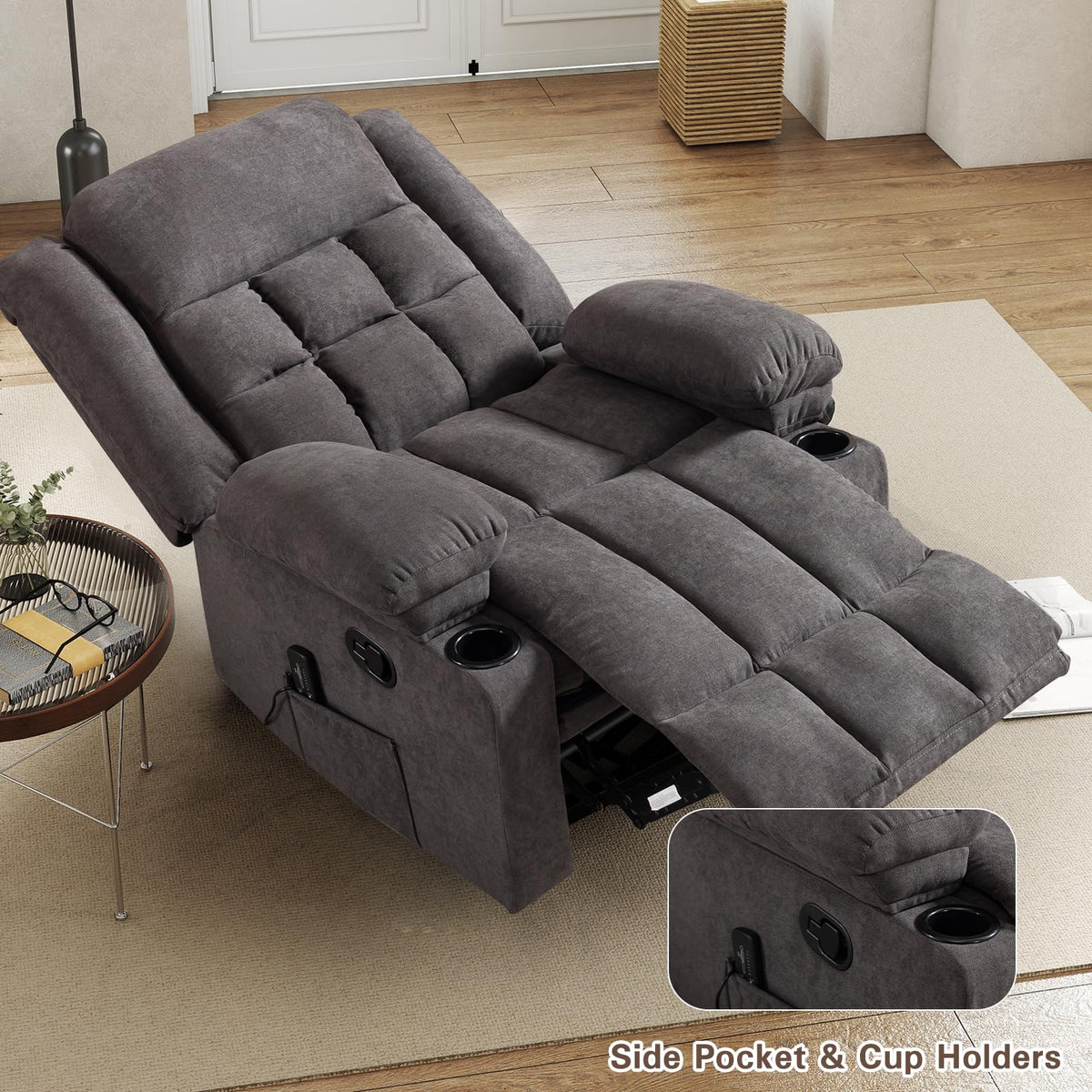 EBELLO Manual Recliner Chair for Adults with Vibration Massage and Lumbar Heating, Soft Fabric Recliner Single Sofa with Side Pocket and Two Cup Holders for Living Room, Grey
